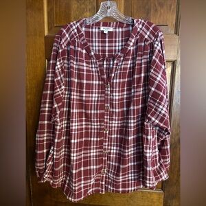 Andree By Unit Shirt Burgundy White Plaid Long Wide Sleeve Button Up Size 1X